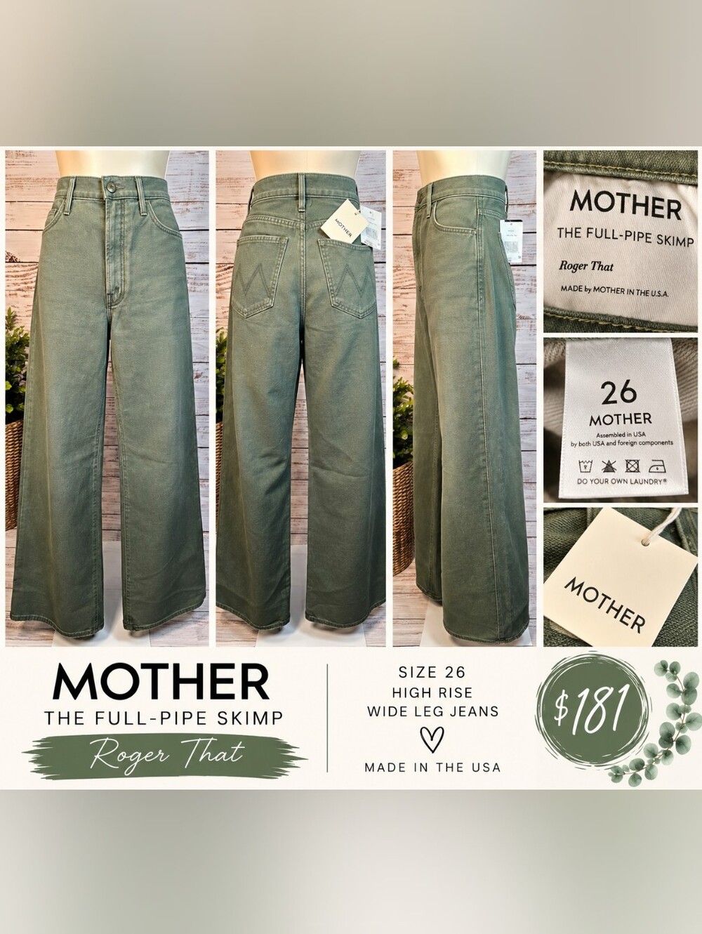 MOTHER The Full-Pipe Skimp High Rise Wide Leg Jeans 26 Roger That NWT